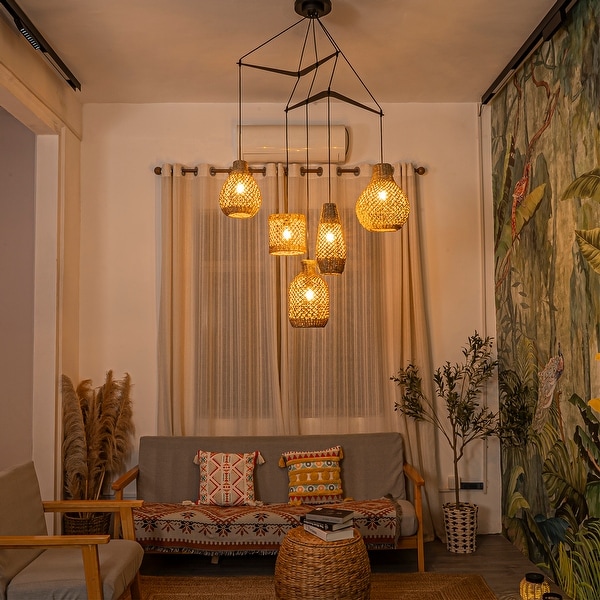 Lucien 5 Light Seagrass Pendant Light Modern Linear Chandelier with Natural Shade in Matte Black