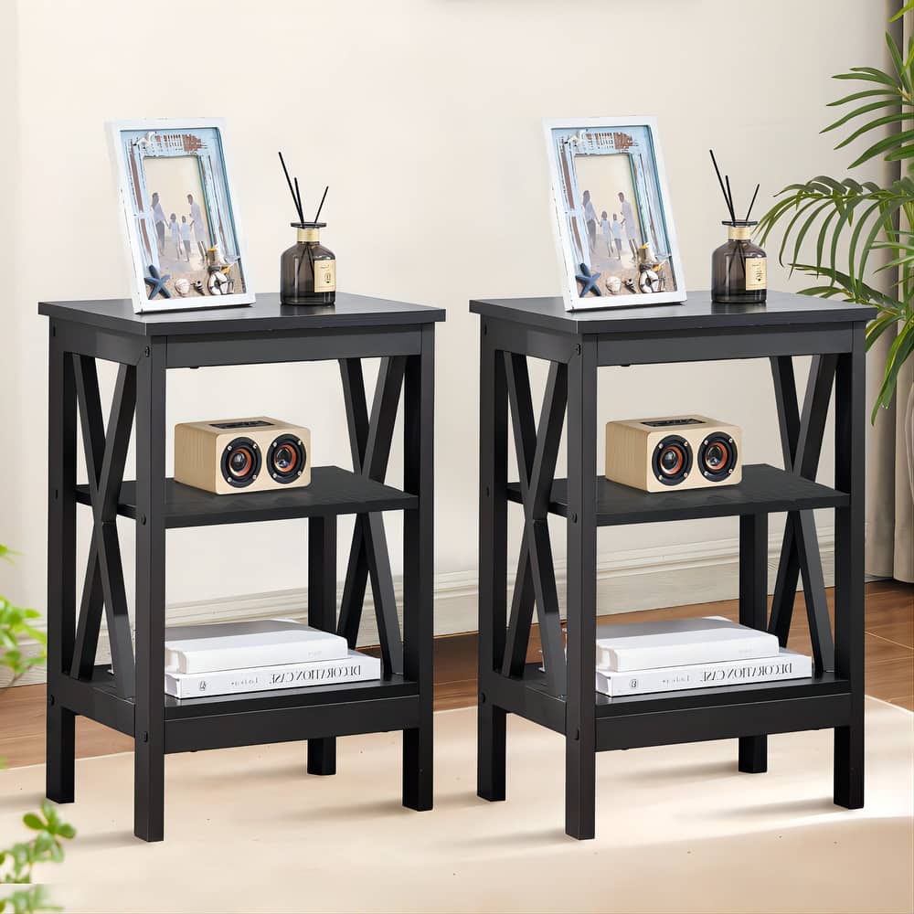 VECELO Modern Side Tables with 3-tier Storage Shelves X-Shaped Nightstand Set of 2 for Living Room and Bedroom
