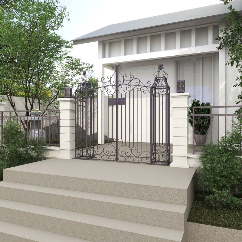 Dark Brown Metal Indoor Outdoor Scrollwork Arched Gate Garden Arbor with Pillars and Latch Lock Closure