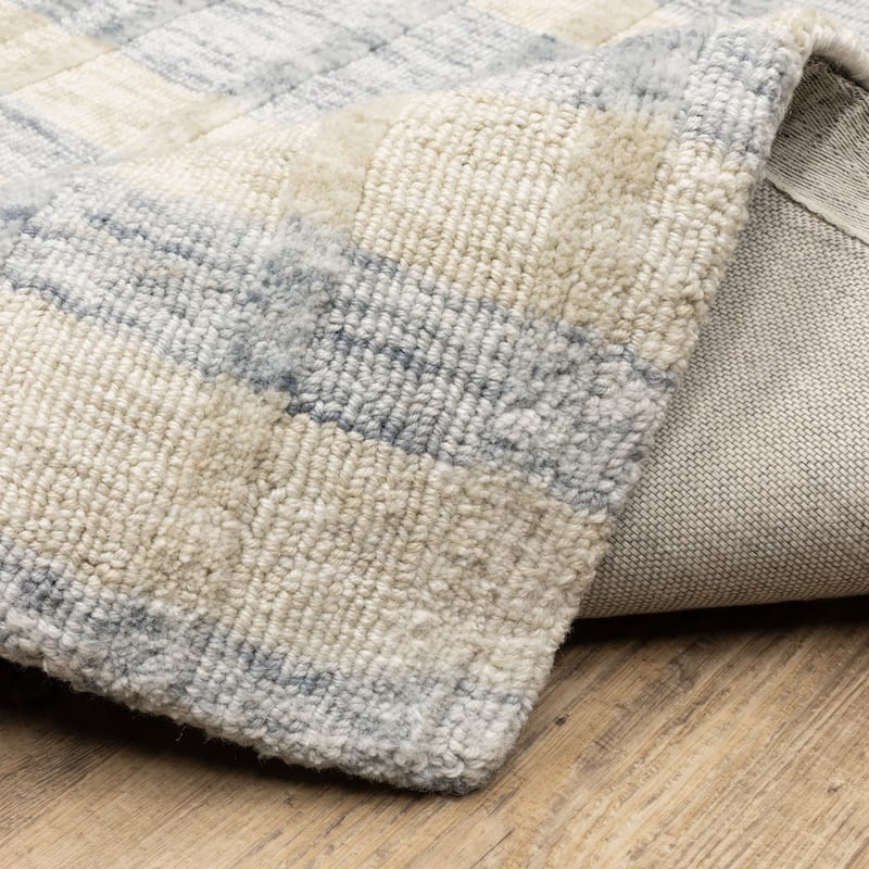 Thalia Scandinavian Textured Stripes Beige/ Blue PET Yarn Area Rug
