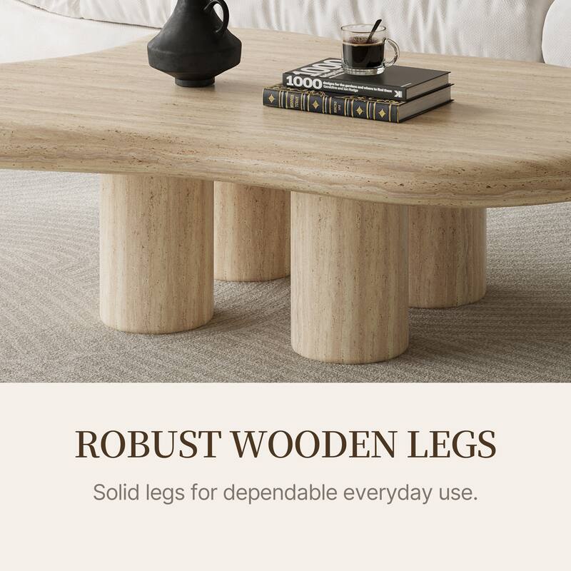 47" Modern Cloud Shaped Coffee Table, Premium Wood with travertine texture,Beige