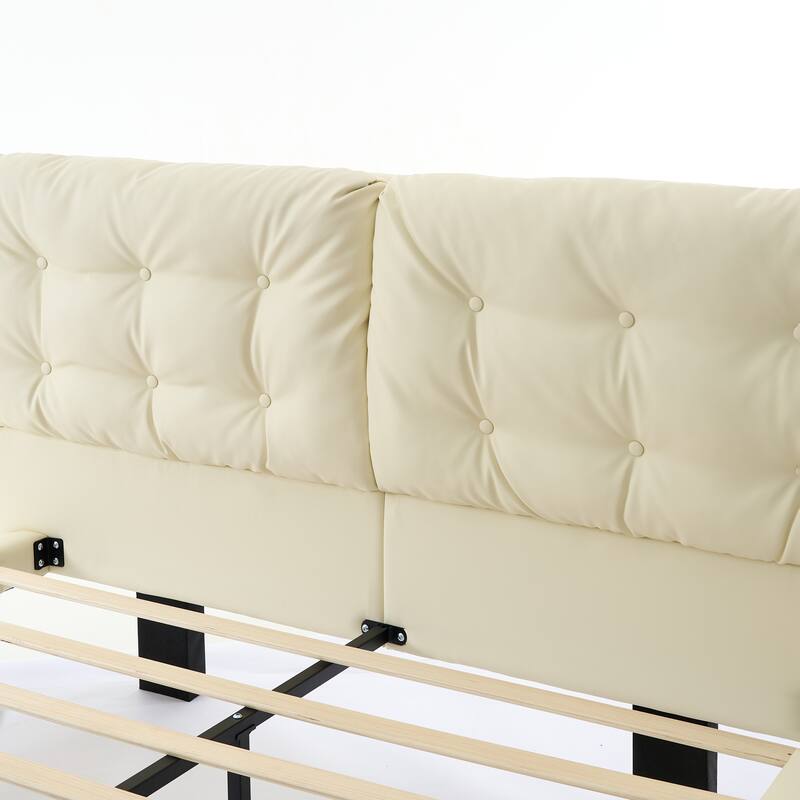Christopher Knight Home- Lorcan PU Leather Floating Bed Frame with LED Lights and Button-Tufted Headboard
