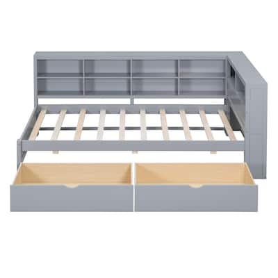 Wooden Twin Daybed with 2 Storage Drawers, USB Charging Station & Storage Shelf in Grey/White Finish