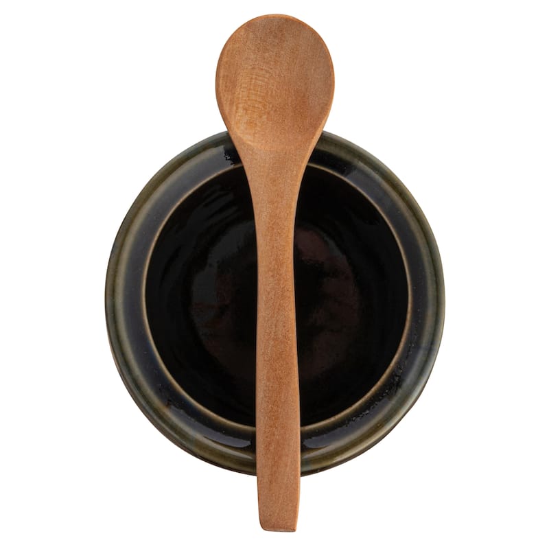 Stoneware Sugar Pot with Lid and Wood Spoon - 3.8"L x 3.8"W x 4.4"H