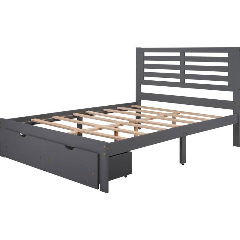 Full Size Pine Wood Platform Bed with 2 Storage Drawers, Slat Design