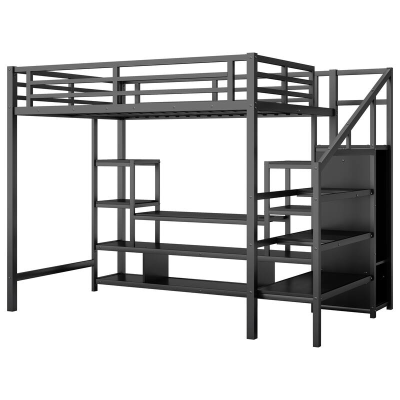 Full Size Metal Loft Bed with TV Stand, Staircase, Wardrobe, and LED Light Strip