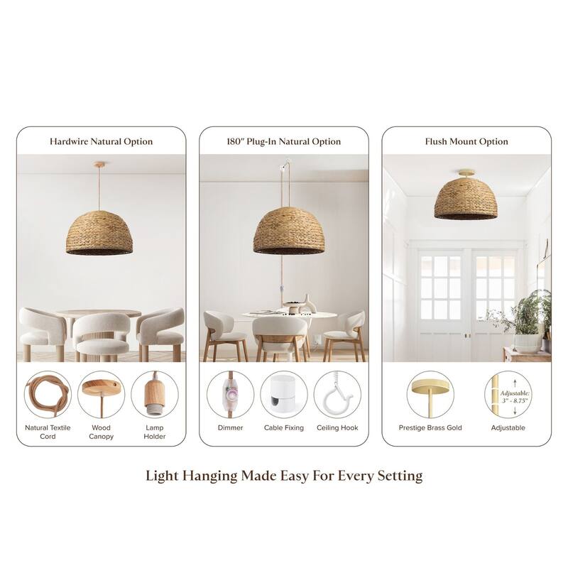 Althea Rattan Pendant Light - Natural Large Dome 1-Light Handwoven Hanging Light For Modern, Transitional, Farmhouse Room Decor