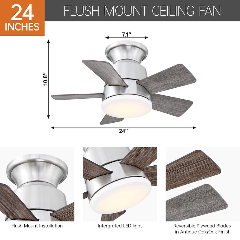 24" Brushed Nickel Wooden Small Hugger Ceiling Fan with Light