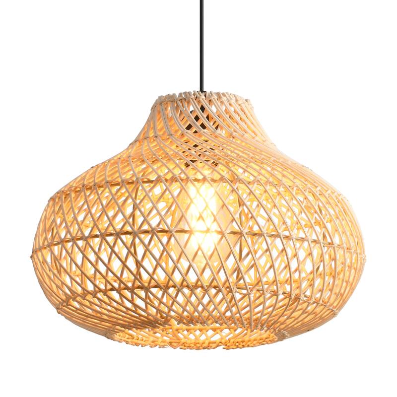 1-Light Boho Brown Rattan Hand-Woven Cloche Hanging Basket Pendant Light - 18.9" W x 59" H