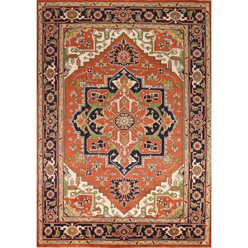 Medallion Heriz Serapi Indian Rug Hand-Knotted Orange Wool Carpet - 8'10"x 11'11"