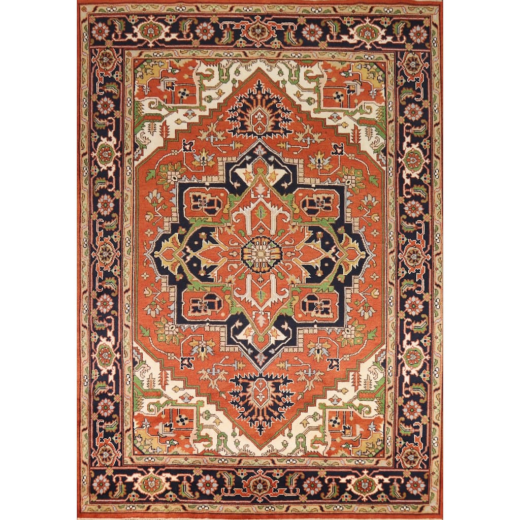 Medallion Heriz Serapi Indian Rug Hand-Knotted Orange Wool Carpet - 8'10"x 11'11"