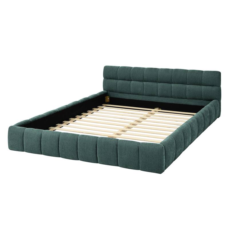 Queen Size Chenille Fabric Upholstered Bed Frame w/ Headboard & Solid Frame Grounded Platform Bed, Beige