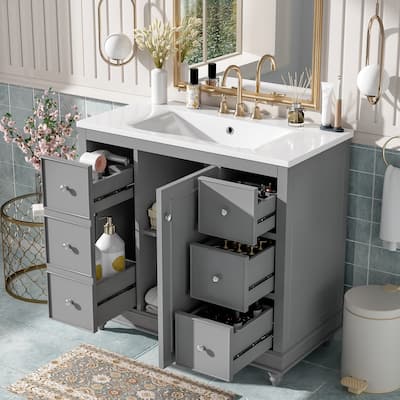 36" Modern Bathroom Vanity with Ceramic Sink - 4 Drawers & 1 Door, Adjustable Shelf - Solid Wood Frame & MDF for Bathroom