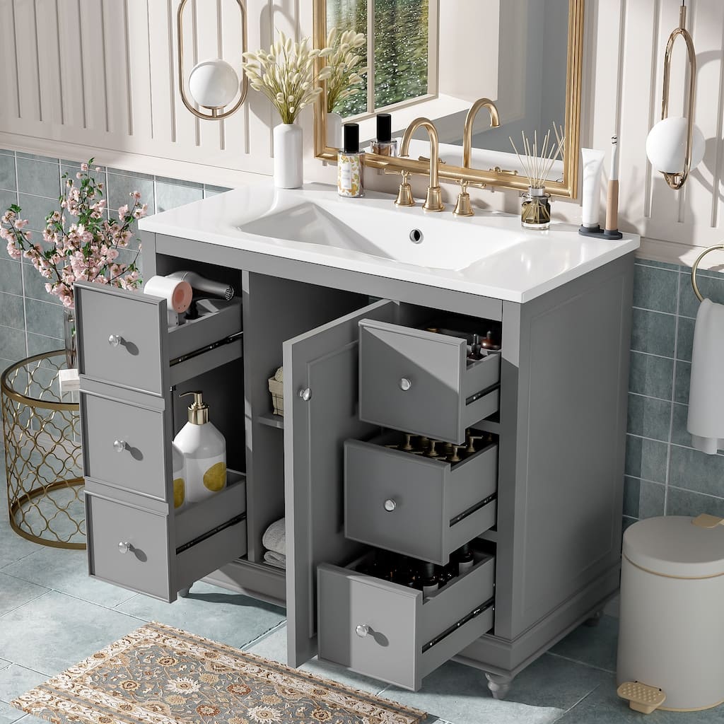 36" Modern Bathroom Vanity with Ceramic Sink - 4 Drawers & 1 Door, Adjustable Shelf - Solid Wood Frame & MDF for Bathroom