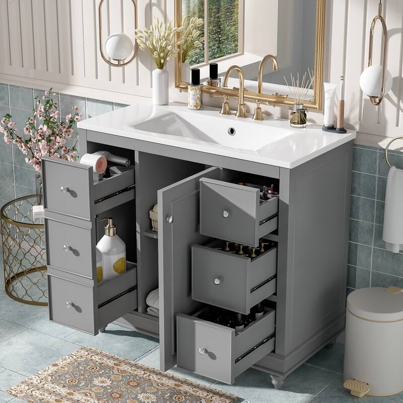 Bathroom Vanity Storage Cabinet with 4 Drawers, Removable Dividers, Adjustable U-shaped Shelf and Silver Handles