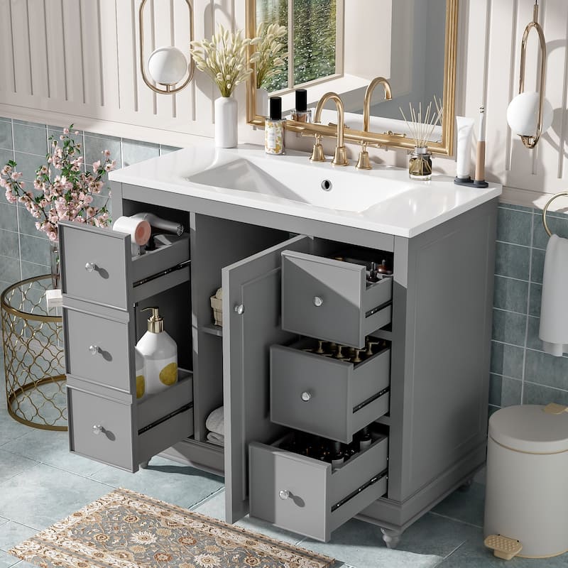 Roomfitters 36" Bathroom Vanity with Ceramic Sink, 4 Drawers, 1 Door, Adjustable Shelf, Solid Wood Frame