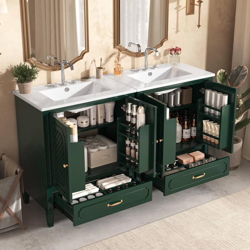 60" Bathroom Vanity with Double Sink Combo Set, 2 Cabinet with Door Organizers, 2 Drawers