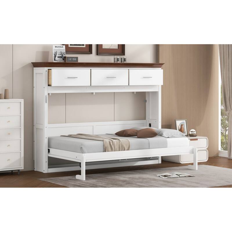 Twin Size Murphy Bed with 3 Drawers White Foldable Platform Bed Convertible Cube Cabinet Space Saving Storage Bed Frame