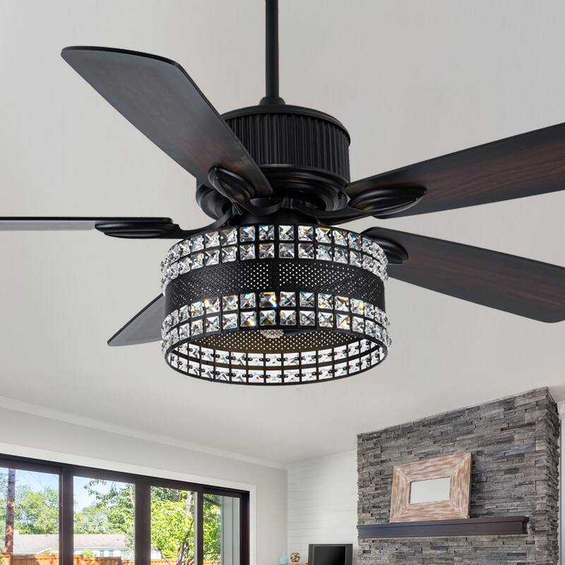 52" Modern Indoor Reversible Crystal Drum Ceiling Fan with Remote Control and Light Kit 6-speed DC Motor