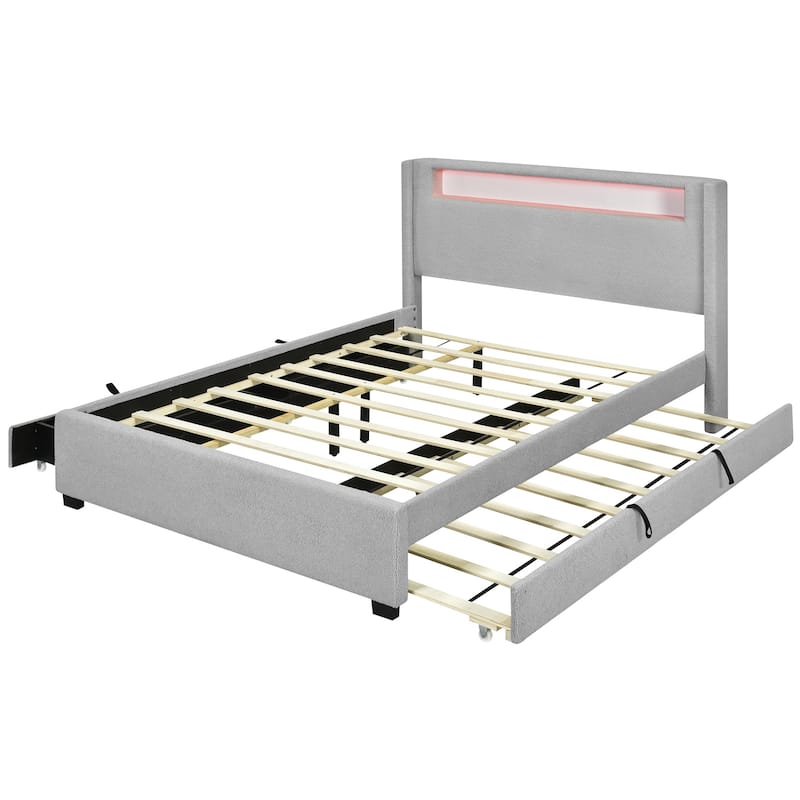 HomeRoots Light Gray Tufted Boucle Lighted Full Bed Frame With Trundle And USB And Drawers