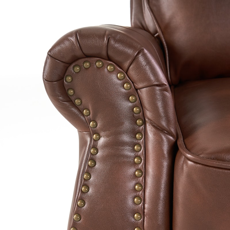 Roomfitters Push Back Recliner Chair, Classic Leather Recliner with Nailhead Trim for Living Room, Brown