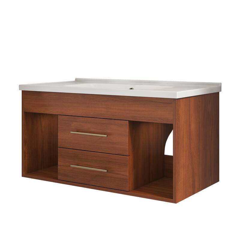 35.4" Mid-century Modern Single Bathroom Vanity with Integrated Ceramic Undermount Sink