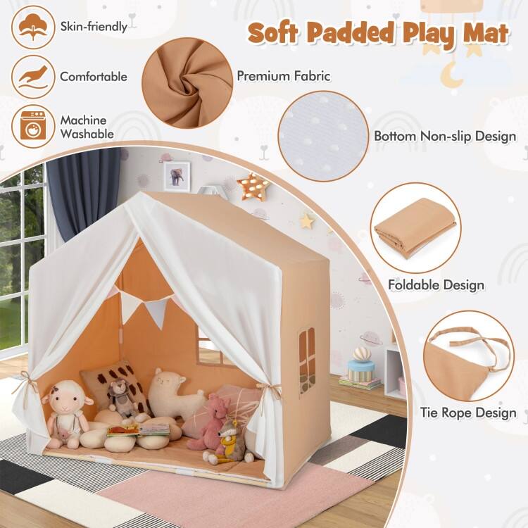 Kid's Play Tent with Washable Cotton Mat and Flag Banner - 52" x 36" x 51.5" (L x W x H)