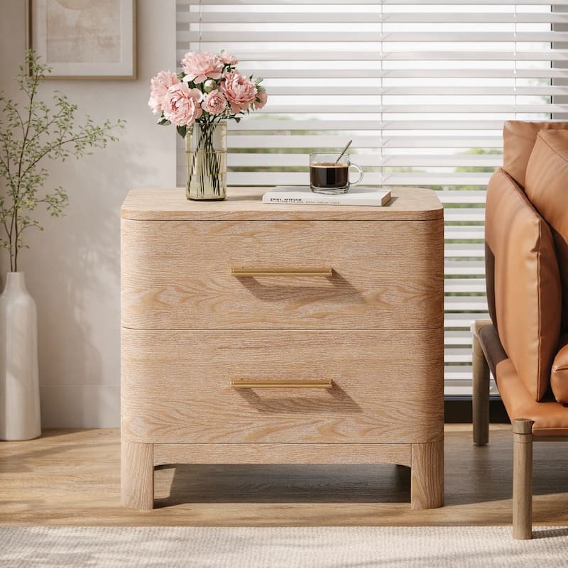 Christopher Knight Home - Modern Nightstand with 2 Drawers and Brushed Gold Handles - Light Natural Ash + Brass Handles