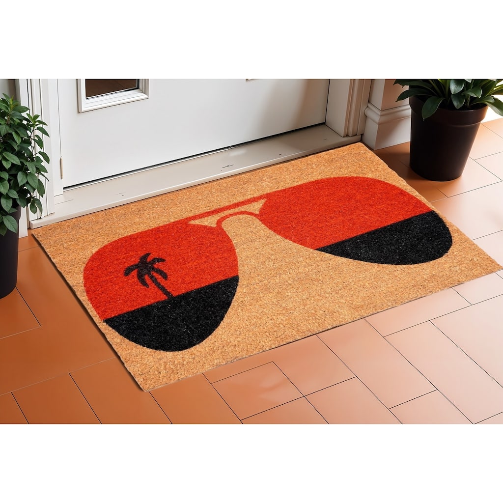 HomeRoots 17" X 29" Natural And Red Summer Tropical Outdoor Coir Door Mat - 17' X '29