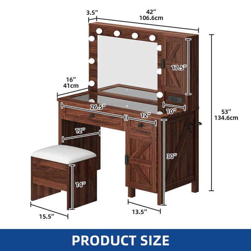 Moasis Farmhouse Makeup Vanity Desk Set with Mirror and Lights, Charging Station and Storage Stool