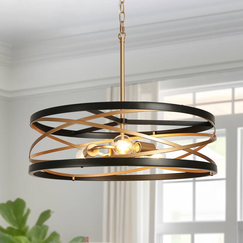Dsmll Modern Farmhouse 3-Light Drum Chandelier Black Gold Kitchen Island Pendant - D 22" x H 79" Max