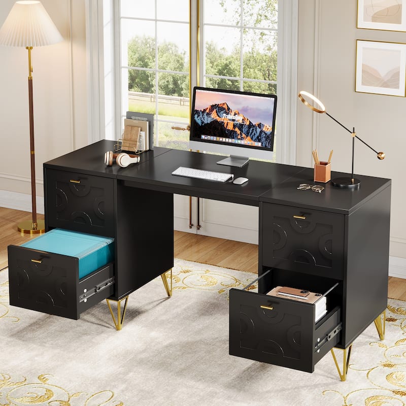 59'' Modern Computer Desk with File Drawers for Home Office - Black