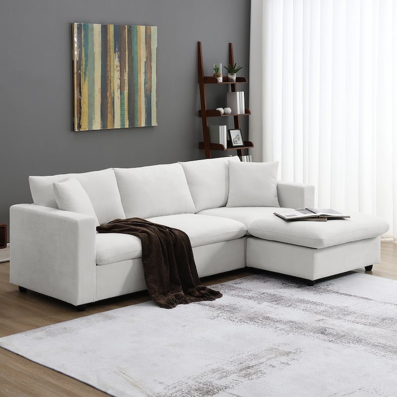Modern 4-Seat L-Shaped Sectional Sofa, with 2 Free pillows, Convertible Ottoman - White
