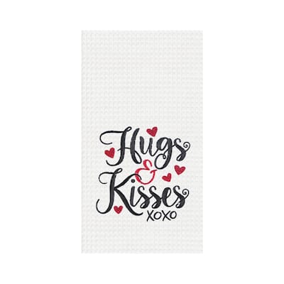 Hugs & Kisses Valentine's Day Embroidered Waffle Weave Kitchen Towel