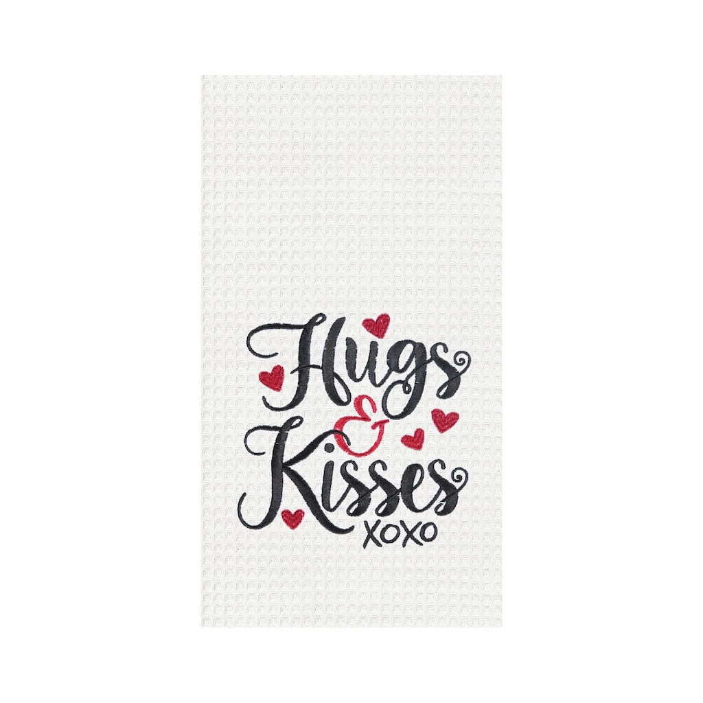 Hugs & Kisses Valentine's Day Embroidered Waffle Weave Kitchen Towel
