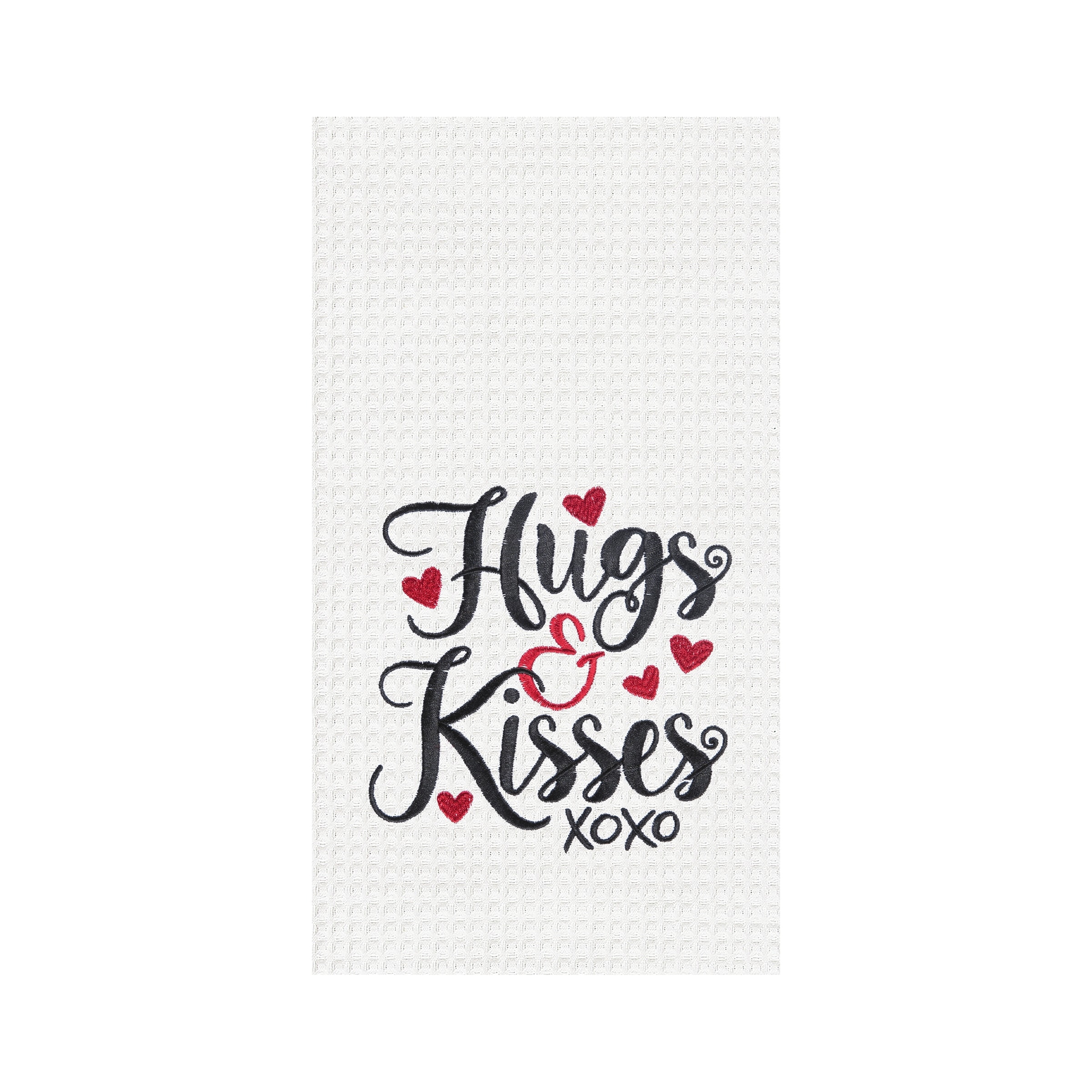 Hugs & Kisses Valentine's Day Embroidered Waffle Weave Kitchen Towel
