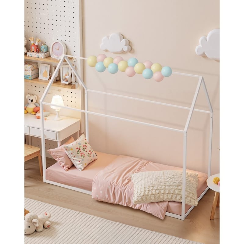 Twin Size White Metal Kids House Bed Frame with Floor Safety and Roof Creative Play Space