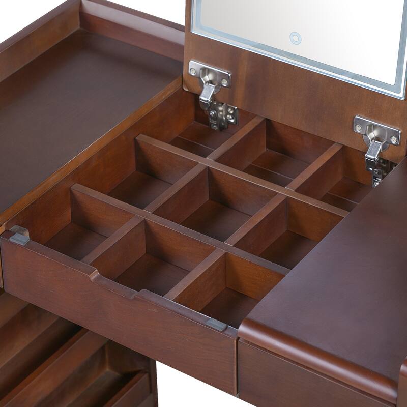 3-in-1 Makeup Vanity Desk with Stool, Flip-Top Mirror, Adjustable 3 Colors Lighting & Retractable Side Cabinet