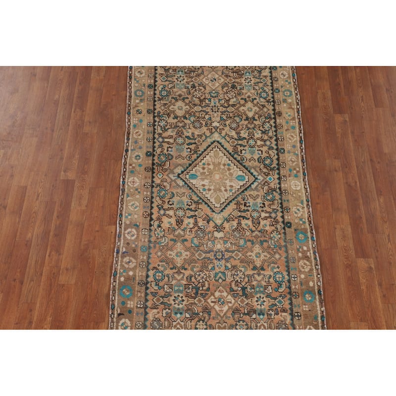 Geometric Hamedan Persian Vintage Runner Rug Handmade Wool Carpet - 3'5" x 9'5"