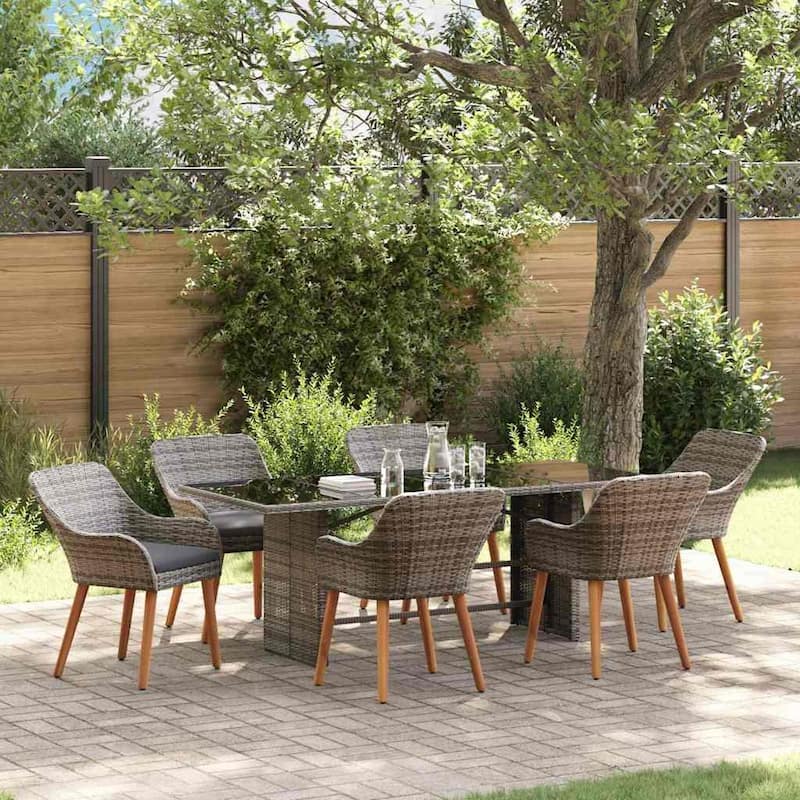 vidaXL Garden Dining 7/9 pcs poly rattan - 74.8 x 31.5 x 29.1 - Grey - glass top