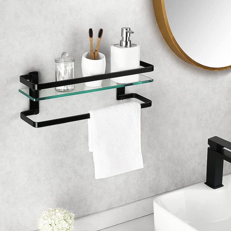 Wall Mount Glass Floating Shelf With Towel Bar