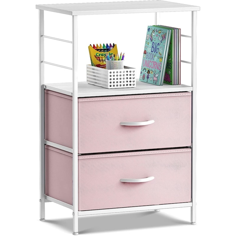 Nightstand 2-Drawer Shelf Storage - Bedside Furniture End Table Chest - Pink