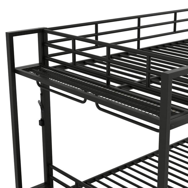 Full over Full Size Metal Bunk Bed with Mesh Shelves and Clothes Hooks, Storage Bed Frame with LED Light and Ladder