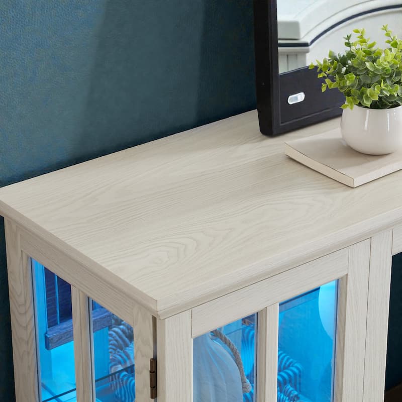 LED Antique Curio Display Cabinet with Glass Doors, 4 Door Vintage Showcase with Adjustable Shelves