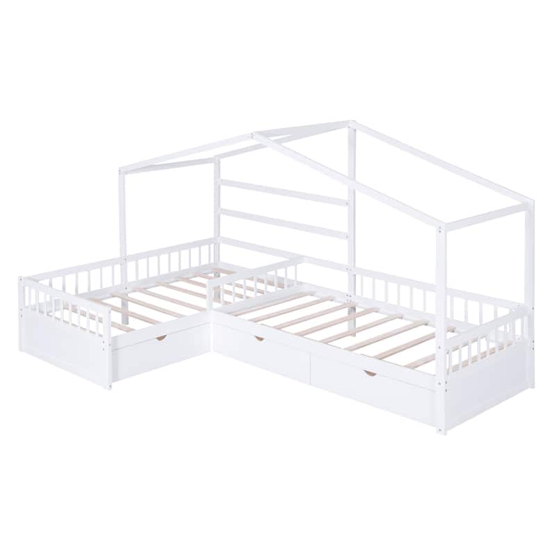 Double Twin L-Shaped House Platform Bed with Drawers and Guardrail