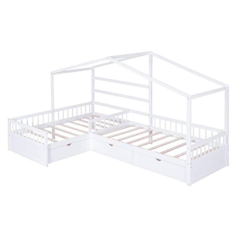 Roomfitters Twin House Platform Bed with Roof-Inspired Frame and Three Underbed Compartments