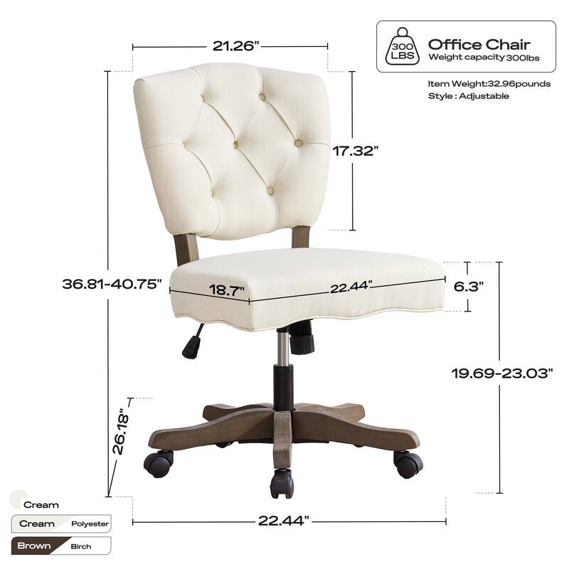 Home Computer Office Chair with Wheels Beige/ Cream/ Grey Adjustable Height, Linen Fabric Upholstered Chair Swivel