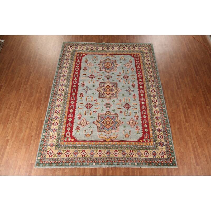 Geometric Blue Kazak Oriental Area Rug Handmade Wool Carpet - 9'11" x 12'8"
