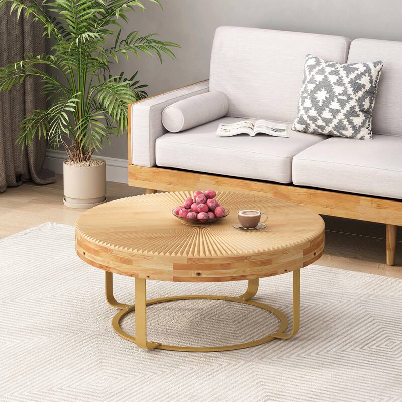 Modern Round Coffee Table with Wooden Carving Pattern and Metal Legs - Natural+Gold
