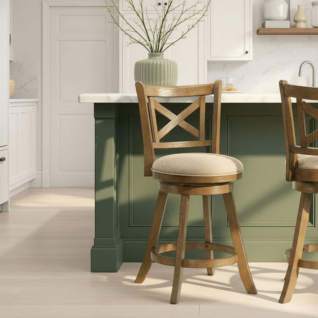 Kodi Modern Farmhouse Swivel Wood Counter Height Kitchen Bar Stool in Sepia Brown Finish with Fabric Upholstered Seat